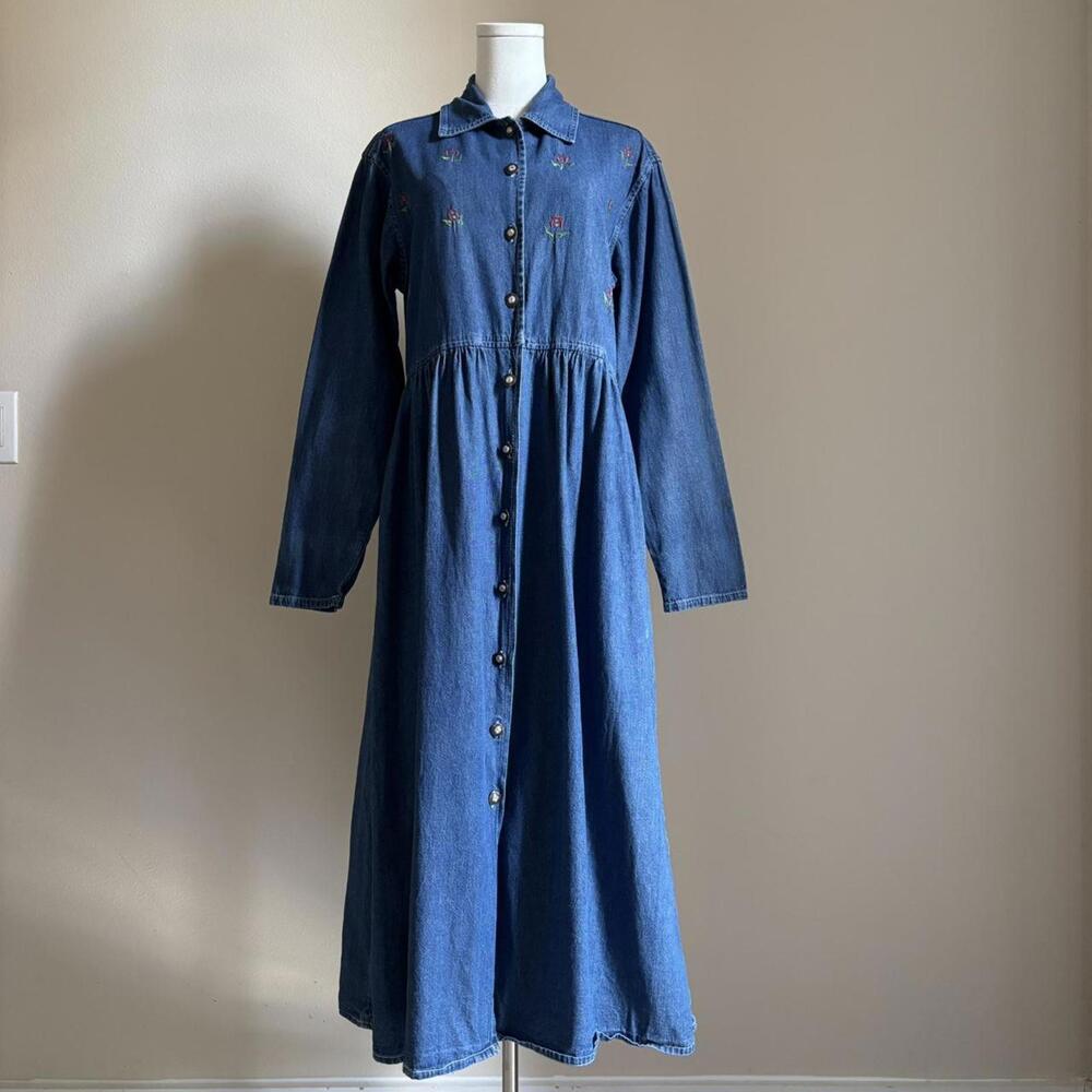 90s denim maxi button up dress, large